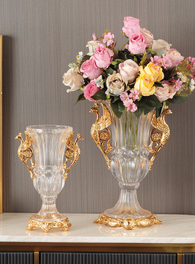 热销客厅水晶玻璃花瓶孔雀花插家居软装饰品美式高档欧式玄关摆件