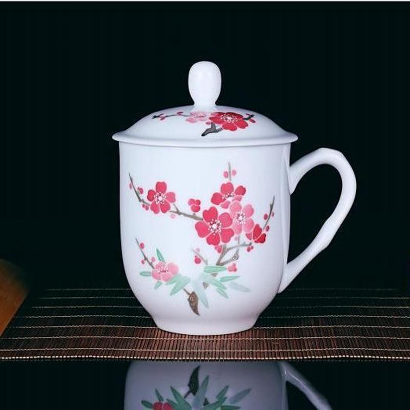 醴陵釉下五彩带盖花卉陶瓷茶杯手绘老板杯办公大容量600ml水杯