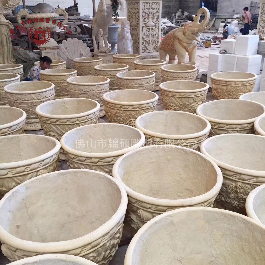 厂家砂岩石雕碗形花盆 别墅小区户外欧式花钵 大口径景观雕刻花盆