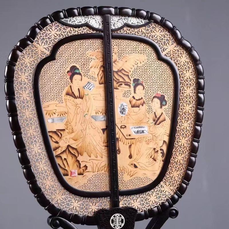 宫扇古典国风红木扇子摆件屏风团扇黑檀木檀香木中式玄关装饰民俗