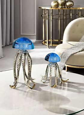 热销轻奢水晶水母样板间艺术主题摆件客厅桌面海洋售楼部金属软装