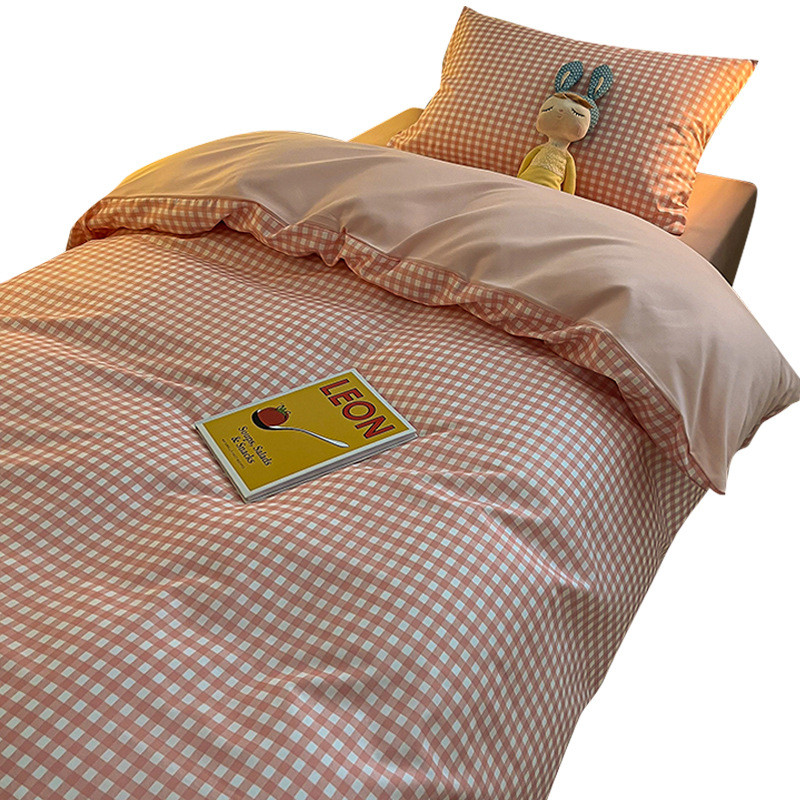 ri0t单人床学生宿舍床上三件套简约高中生粉格子被套床水洗棉四件