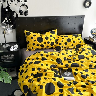 ip9dins简约四件套波点黄色床单床笠床上用品4件套单人三