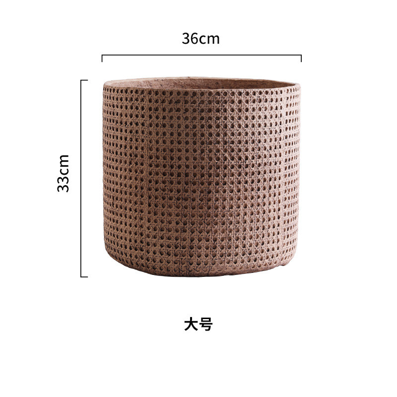 北欧仿竹编琴叶榕氧化镁花盆复古怀旧客厅庭院大号竹篮花盆带托盘