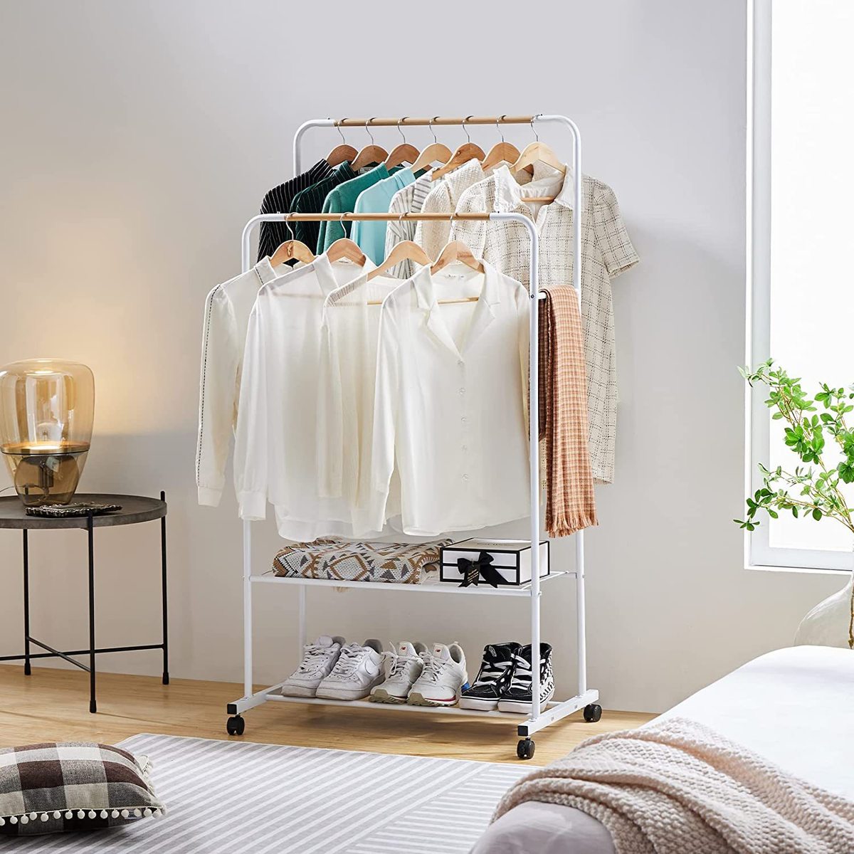 厂家落地晾衣架铁艺双杆移动室内家用阳台简易卧室挂衣架晒衣架