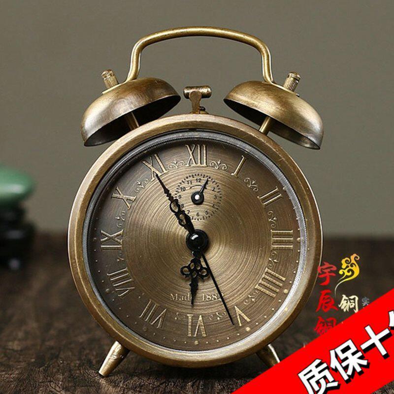 仿古纯铜老式发条机械卧室闹钟学生铜闹钟家居上弦床头座钟台钟