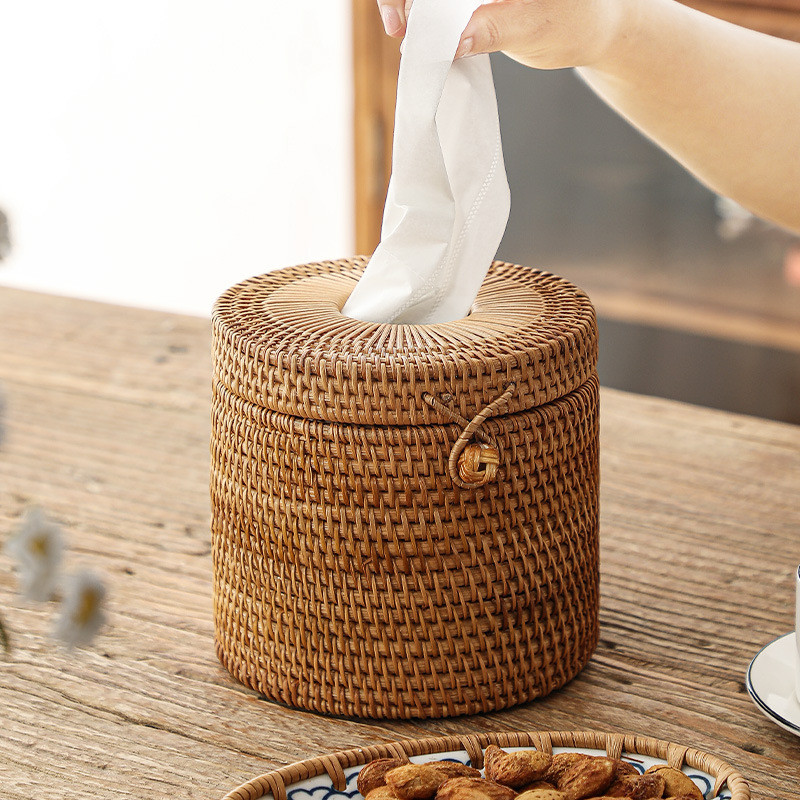 热销藤编抽纸盒圆形纸巾筒卷纸盒新中式纸巾盒桌面客厅茶几卷筒收