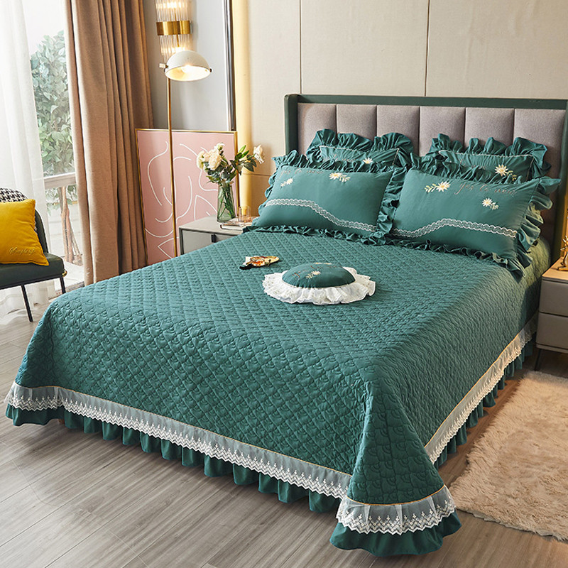 95n韩式床盖单件棉夹绗缝花边少女心公主风榻榻米床单三件套四季