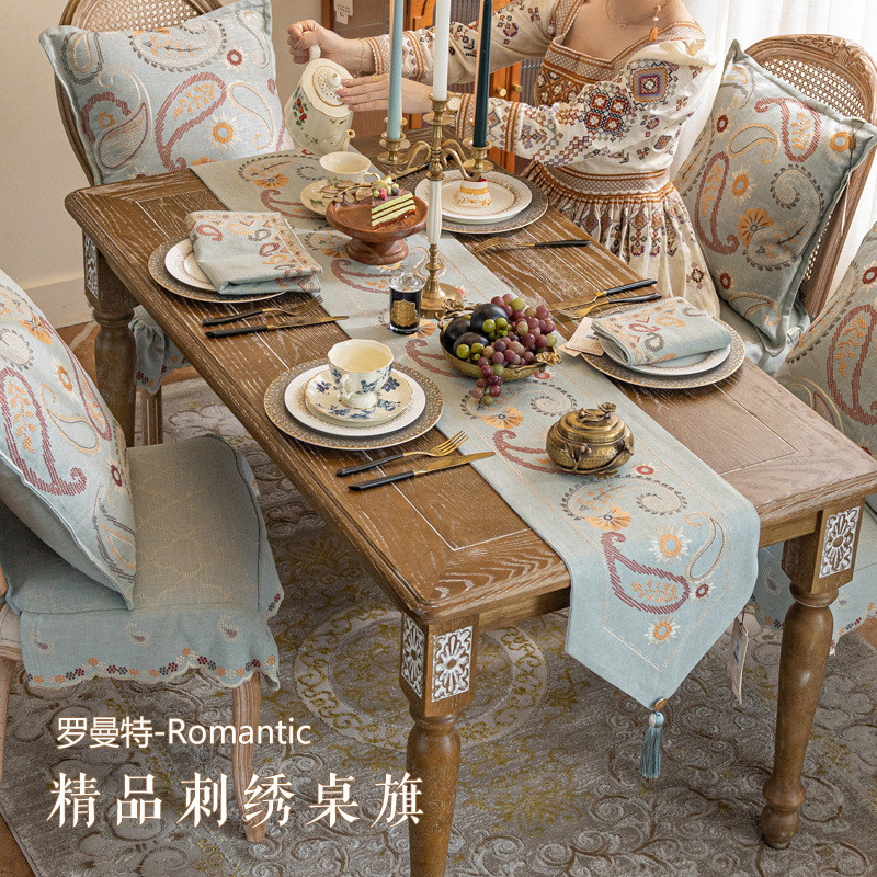 美式复古长条长条茶席西餐桌旗布轻奢高端提花刺绣高级感桌旗桌布