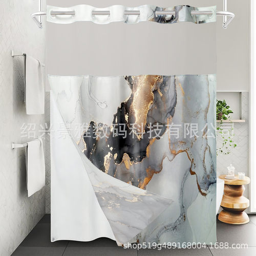 货源数码印花双层大环涤纶浴帘大理石花纹浴室帘子防水布浴