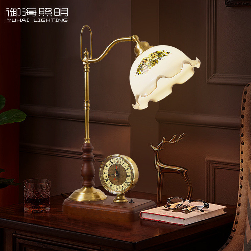 欧式现代简约轻奢卧室床头客厅书房台灯玻璃罩钟表装饰阅读电视柜