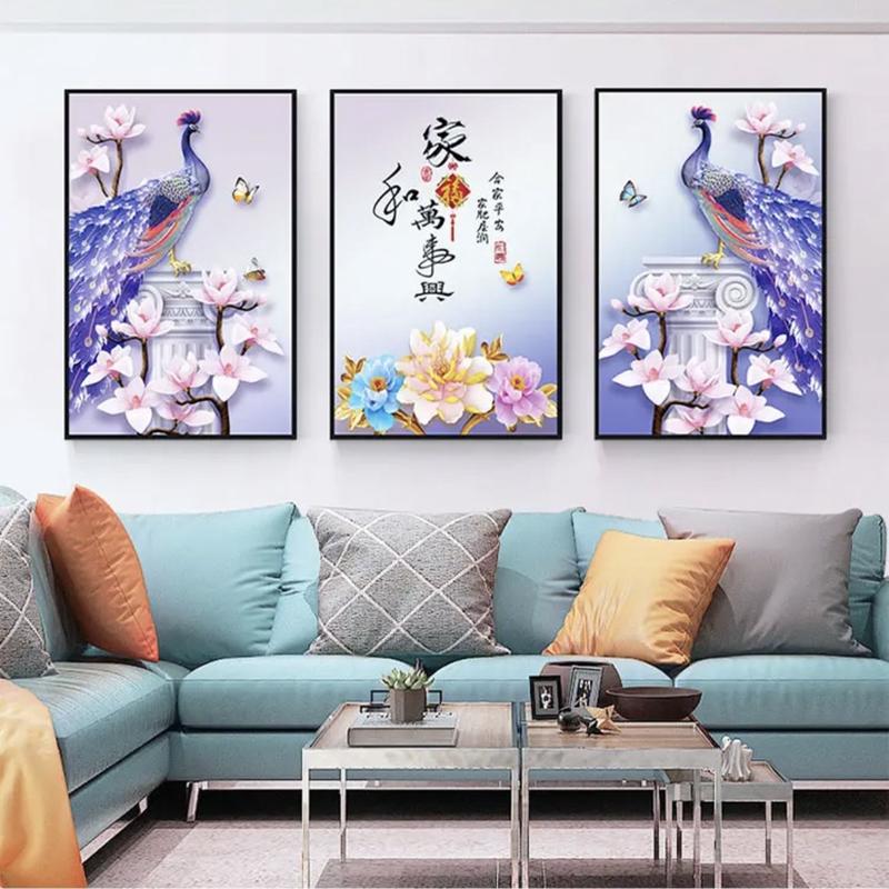 餐厅客厅中式三联画平面自粘床头装饰沙发背景墙画壁画墙面贴新款图片