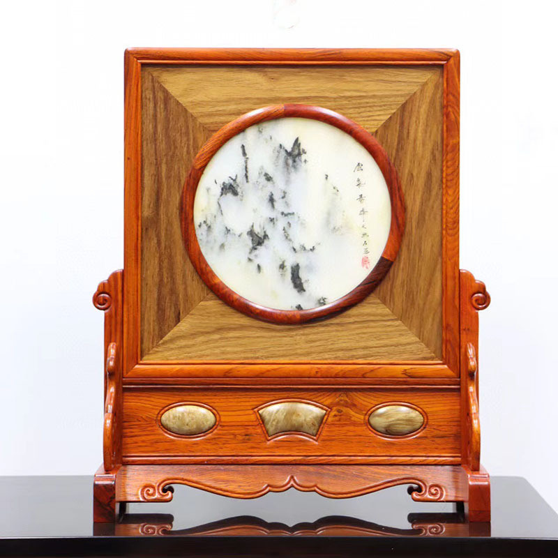 红木屏风樱木红酸枝花梨摆件天然石画台屏中式木雕客厅插屏画框