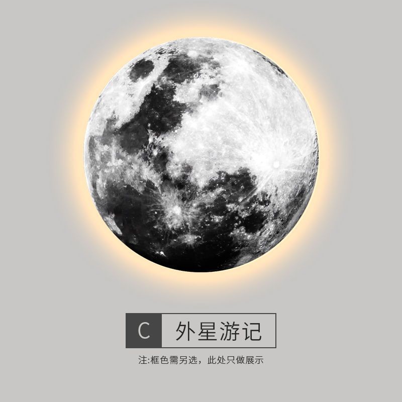 地球客厅圆形挂画装饰画壁灯创意画卧室床头月球无框灯发光壁画图片