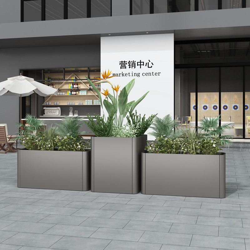 简约现代户外不锈钢花箱广场长方形隔断花槽商业园区方形铁艺花钵