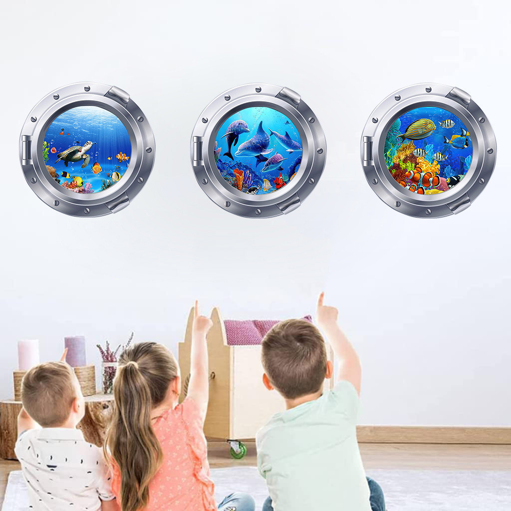 海底世界动物墙贴儿童房贴画自粘3D假窗夏日海龟鱼群玻璃冰箱贴纸