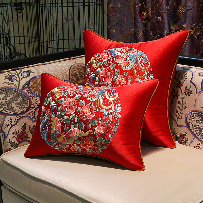 新中式抱枕婚庆靠垫风刺绣大靠枕红色红木沙发喜字结婚枕头套