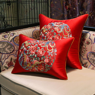 c4wb新中式抱枕红木沙发靠垫婚庆刺绣大靠枕红色风喜字结婚枕头套