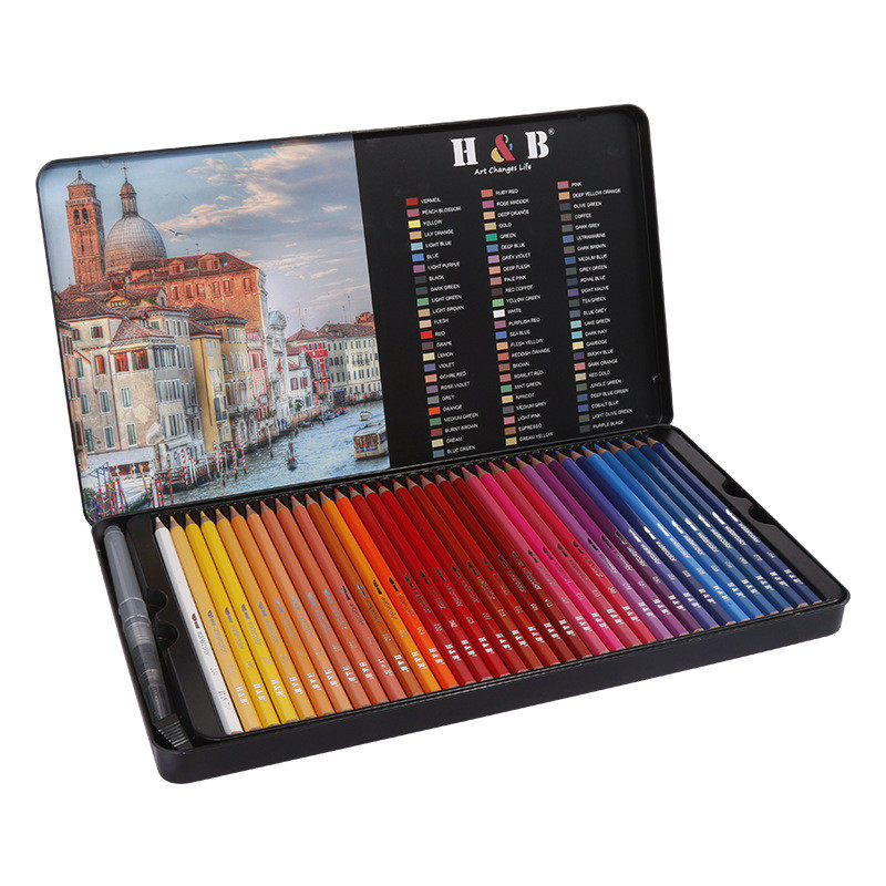 h&b72色铁盒彩色铅笔套装水溶性美术绘画用品彩铅带自来水笔现货