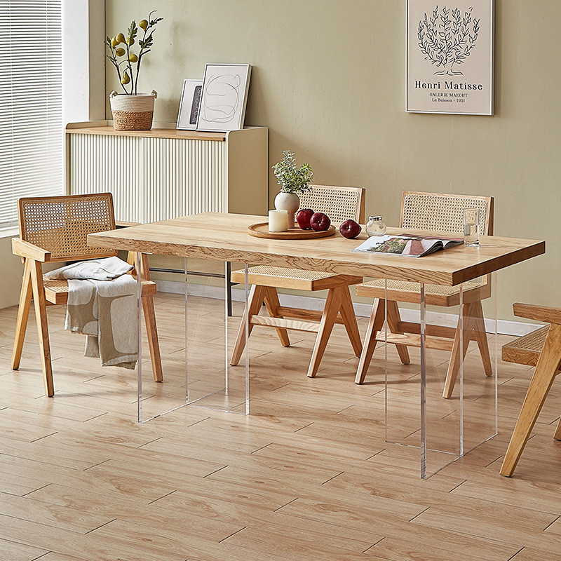 日式长方形实木大板桌工作台亚克力悬浮白蜡木餐桌