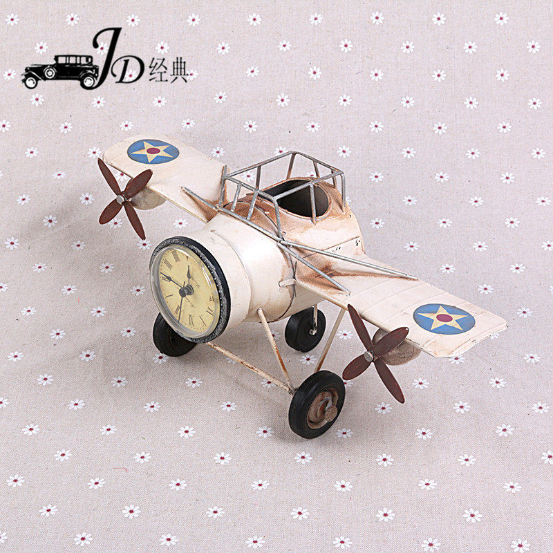 复古铁艺钟表小飞机模型美式创意家居小摆件书吧读书馆陈列品