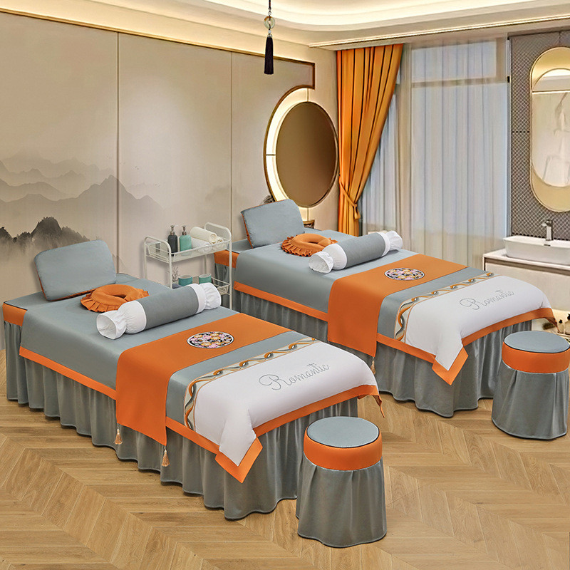 送纯色欧式简约时尚高档美容院会所按摩床套带洞美容床罩四件套芯