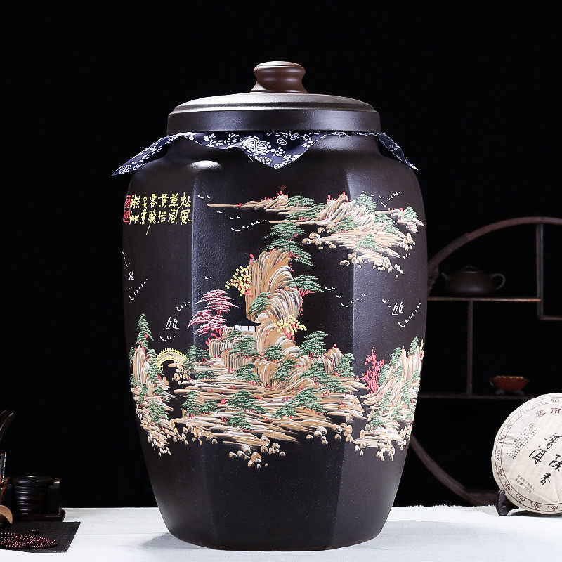 宜兴来顺六方茶叶罐厂家批发紫紫砂大号普洱存茶缸陶瓷储茶罐4363