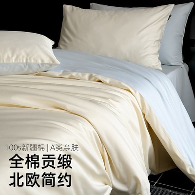 北欧高级感纯色100S贡缎长绒棉床上四件套a类纯棉被套床单裸睡1.8