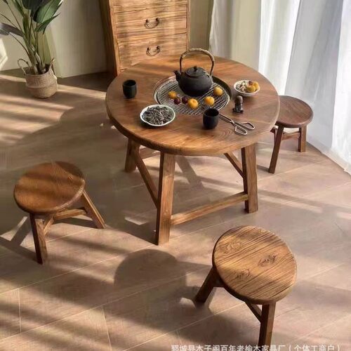 中式餐桌围炉桌茶桌实木家用庭院烧烤桌户外露营老榆木围炉冰茶桌