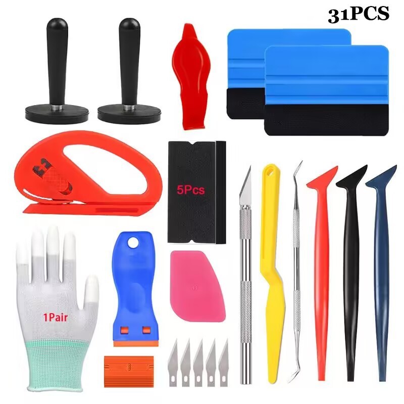 31和汽车贴膜工具塑料刮板含织物毛毡刮刀、雕刻刀件套刀片、手套