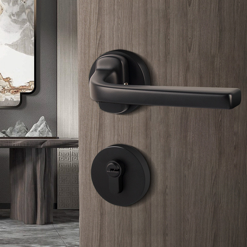 热销厂家直供美式黑色锌合金室内门锁卧室静音磁吸轻奢实心门把手