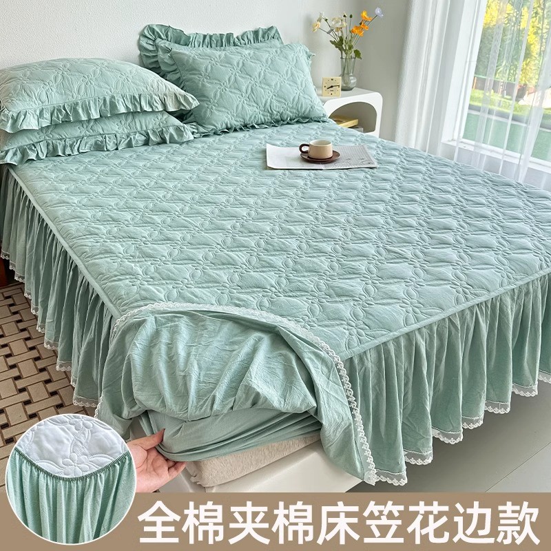 全棉夹棉床笠公主风裙边单件带加厚纯水洗棉防滑床罩垫套四季通用