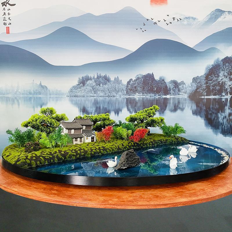 热销酒店餐厅圆桌转盘摆花高档桌面装饰新中式沙盘景观盆景摆件