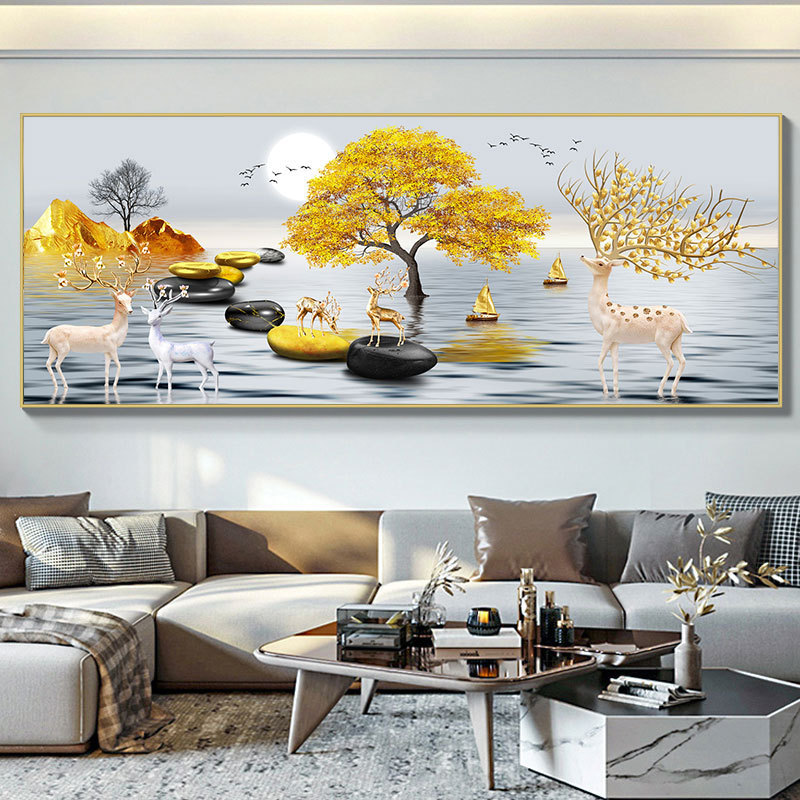 招财麋鹿十字绣2023简约现代新款线绣客厅手工刺绣年风景石来运转