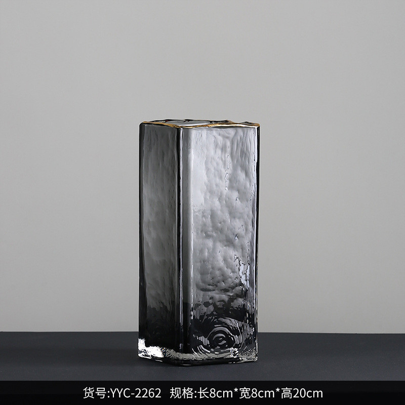 软装西家居烟灰色直筒方缸水培金边玻璃花瓶花器摆件家居博饰品