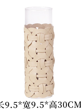 直筒玻璃花瓶轻奢北欧客厅轻奢高级编织皮革装饰品花器设计师摆件