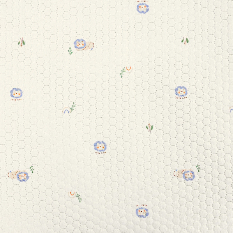 两面全棉蜂巢提花空气层棉白印花三层夹原面料夹丝棉保暖布料