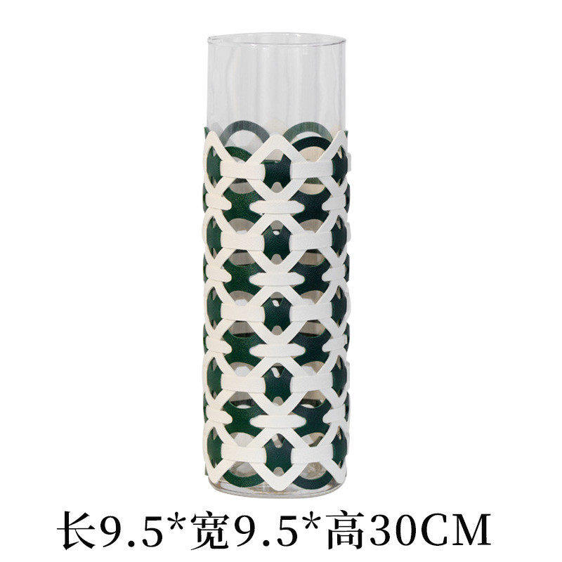 北欧轻奢直筒玻璃花瓶客厅轻奢高级编织皮革装饰品花器设计师摆件