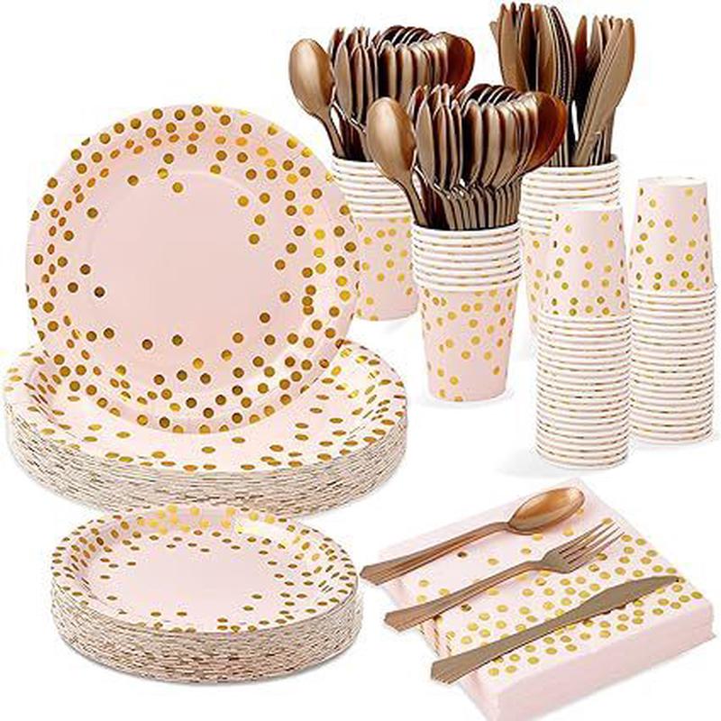 烫金装饰用品圆点加厚餐具用品一次性纸杯纸盘纸巾刀叉勺派对粉色