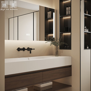 洗手原木风可丽耐一体盆实木岩板陶瓷浴室柜组合卫生间复古洗漱台