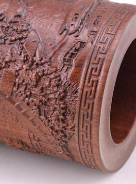 红木雕刻工艺摆件红檀非酸清明上河图文房笔筒厂家批发创意用品