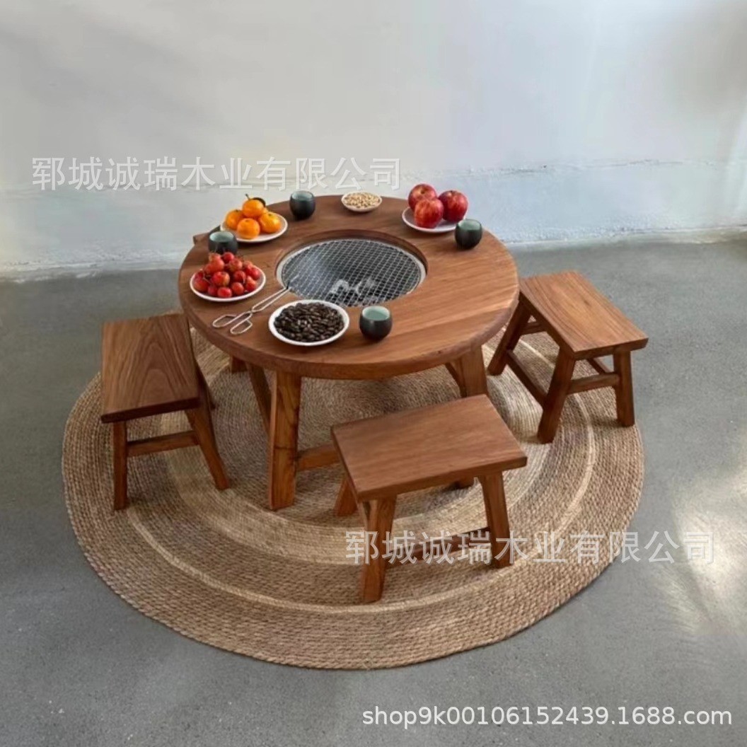 围炉桌老榆木户外烧烤取暖围炉煮茶桌带烧烤实木盆家用火锅小圆桌