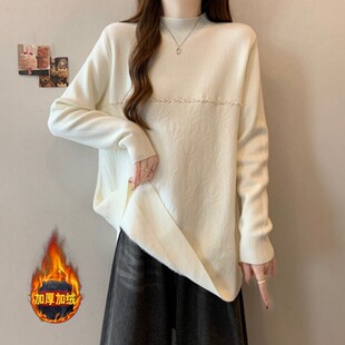 针织衫 上衣钉珠长袖 胖mm中长款 内搭半高领毛衣女加绒加厚秋冬大码