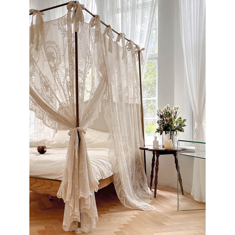 9qxc2022新款蚊帐卧室轻法式宫廷木纹白色蕾丝床幔落地式支架三开