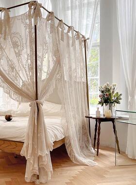 9qxc2022新款支架卧室轻法式宫廷落地式白色蕾丝床幔木纹蚊帐三开