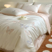 s588轻奢少女蝴蝶刺绣凉精天丝棉四件套夏季 兰感冰丝床单被套床上