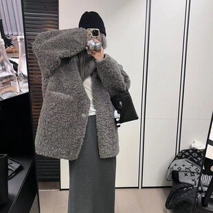 2024秋冬皮毛一体仿羊羔毛新款 慵懒感毛毛外套大衣 立领宽松中长款