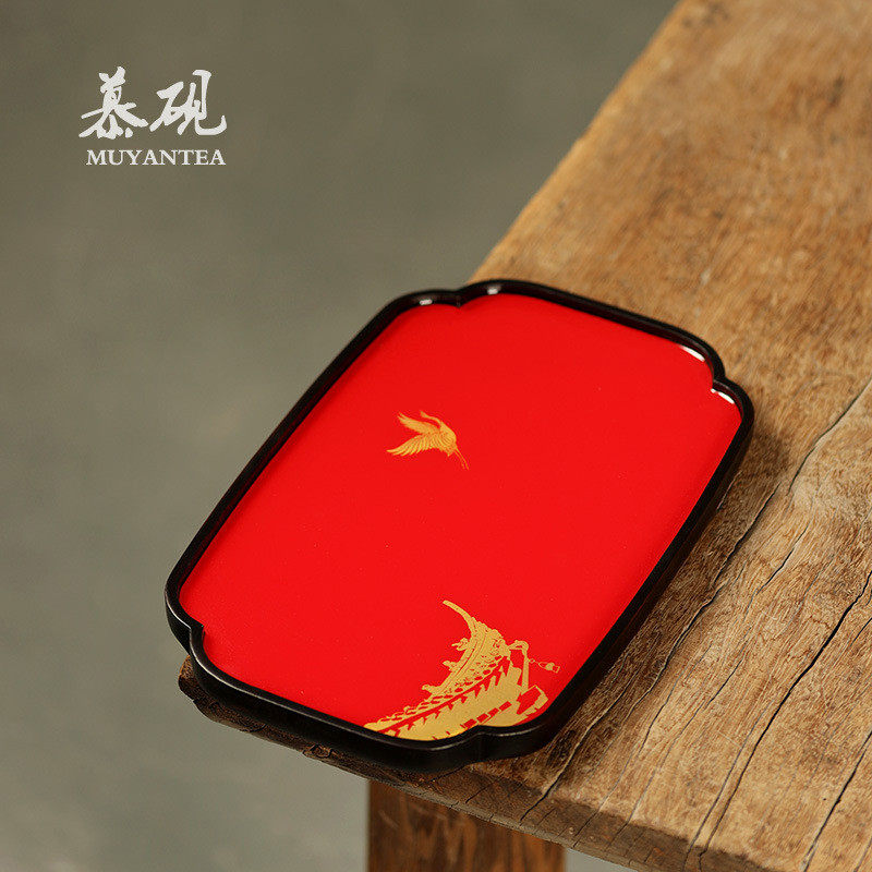 慕茶台禅意瑞鹤重竹茶盘干泡台国风红日式家居漆器家用创意壶承砚