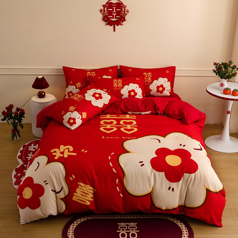 简约床上用品大红色红花喜被罩床单笠新结婚房嫁礼婚庆四件套中式