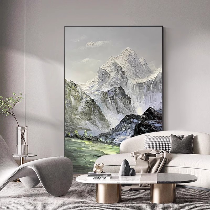 手绘油画入户玄关山水装饰画办公室简约抽象挂画中式雪山竖版壁画图片